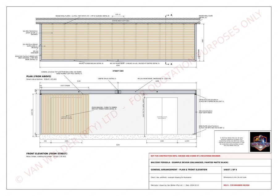 Example A3 drawing, sheet 1 of 6: General arrangement