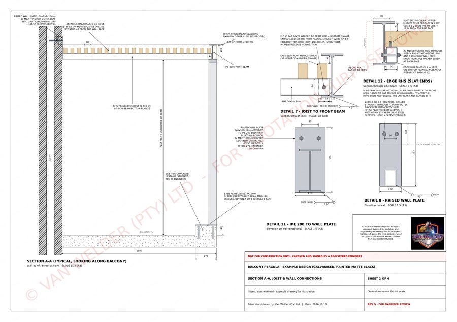 Example A3 drawing, sheet 2 of 6: Section A-A and wall connections