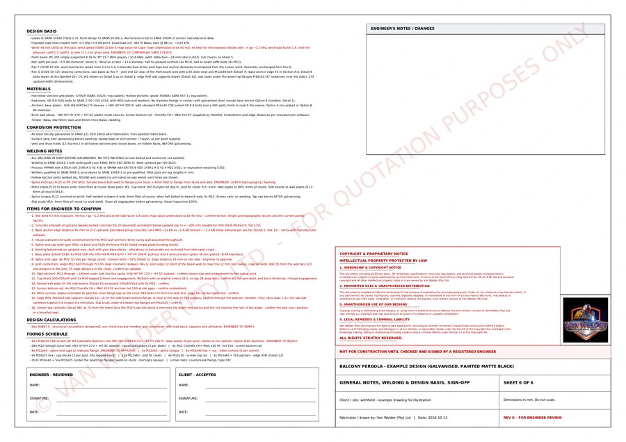 Example A3 drawing, sheet 6 of 6: Engineer's items and sign-off